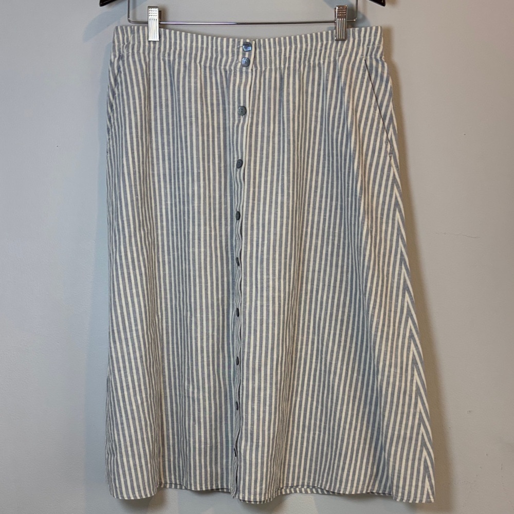 Eileen Fisher Hemp & Cotton Striped Button-Front Midi Skirt Blue & White SZ Med